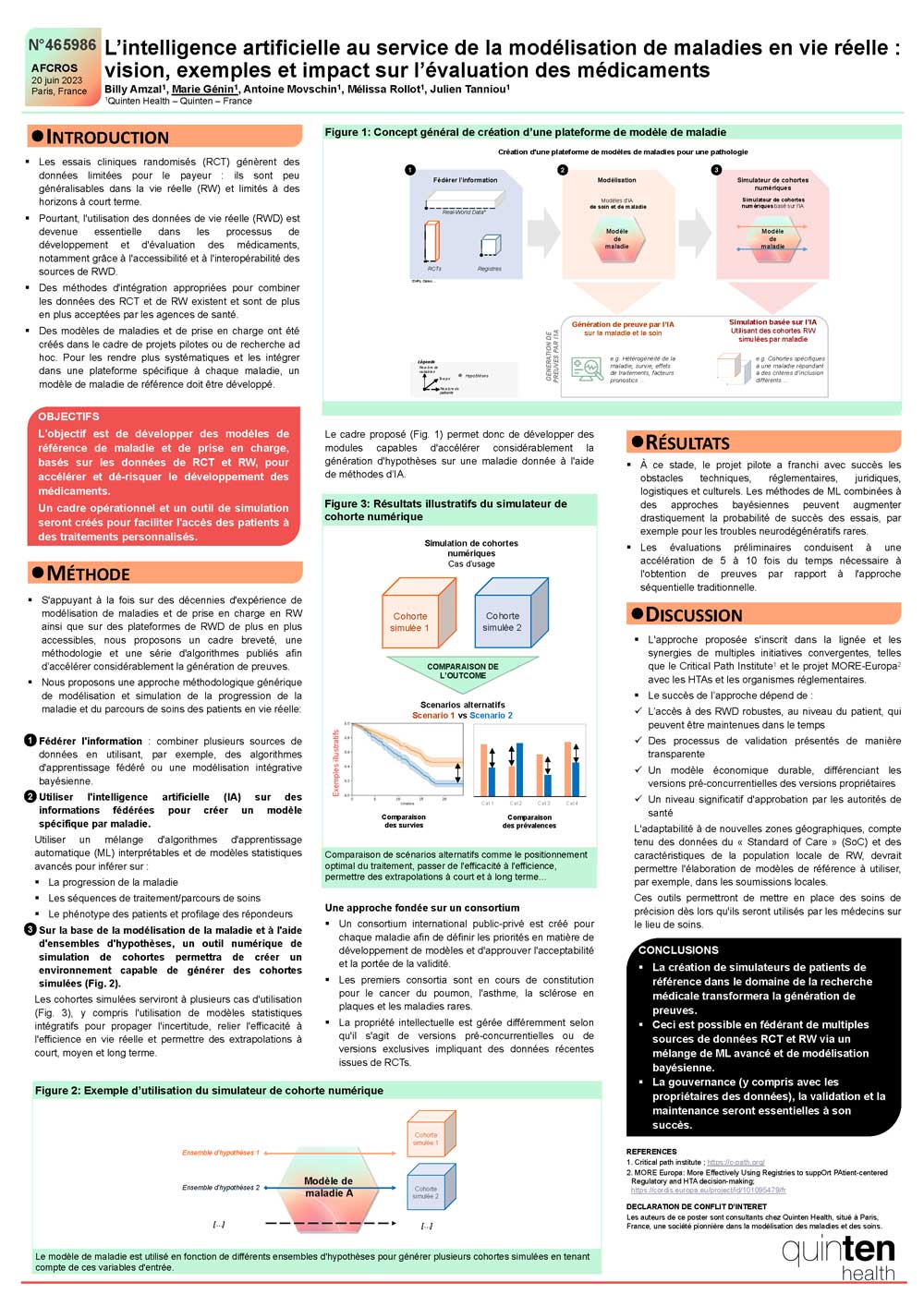 Visual for the poster "L’intelligence artificielle au service de la modélisation de maladies en vie réelle : vision, exemples et impact sur l’évaluation des médicaments" presented by Quinten Health at the AFCRO 2023