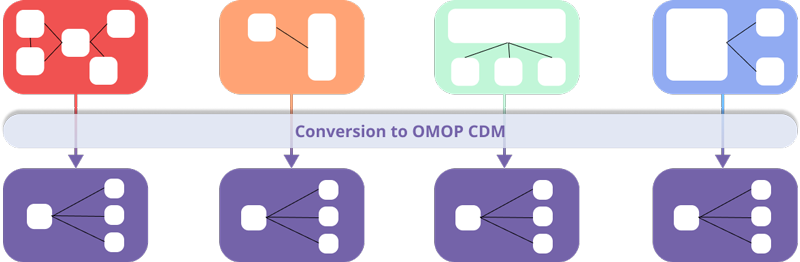 Diagram of the OMOPization process: At the top, four rectangles with different colors and different objects inside go through the OMOP process and become similar: with the same color and the same shapes inside, at the bottom of the image.