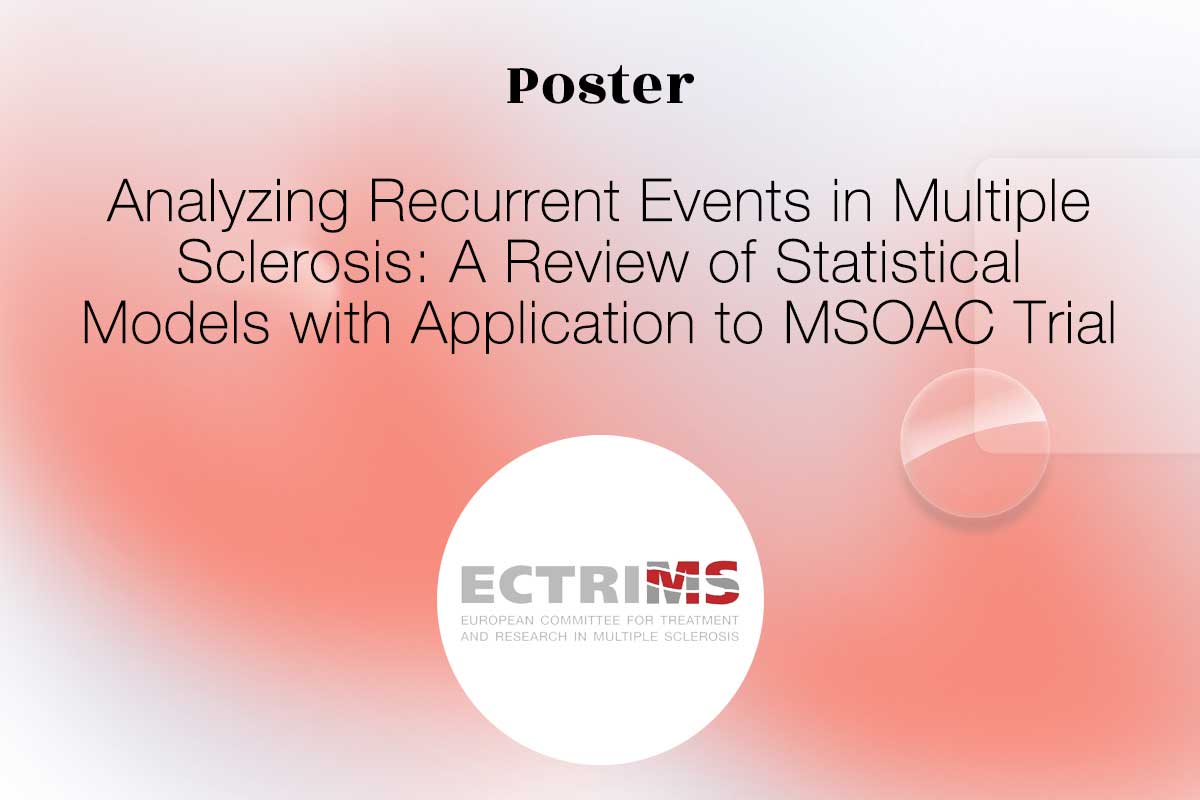 Thumbnail for the poster entitled "Analyzing Recurrent Events in Multiple Sclerosis: A Review of Statistical Models with Application to MSOAC Trial" presented at ECTRIMS 2024