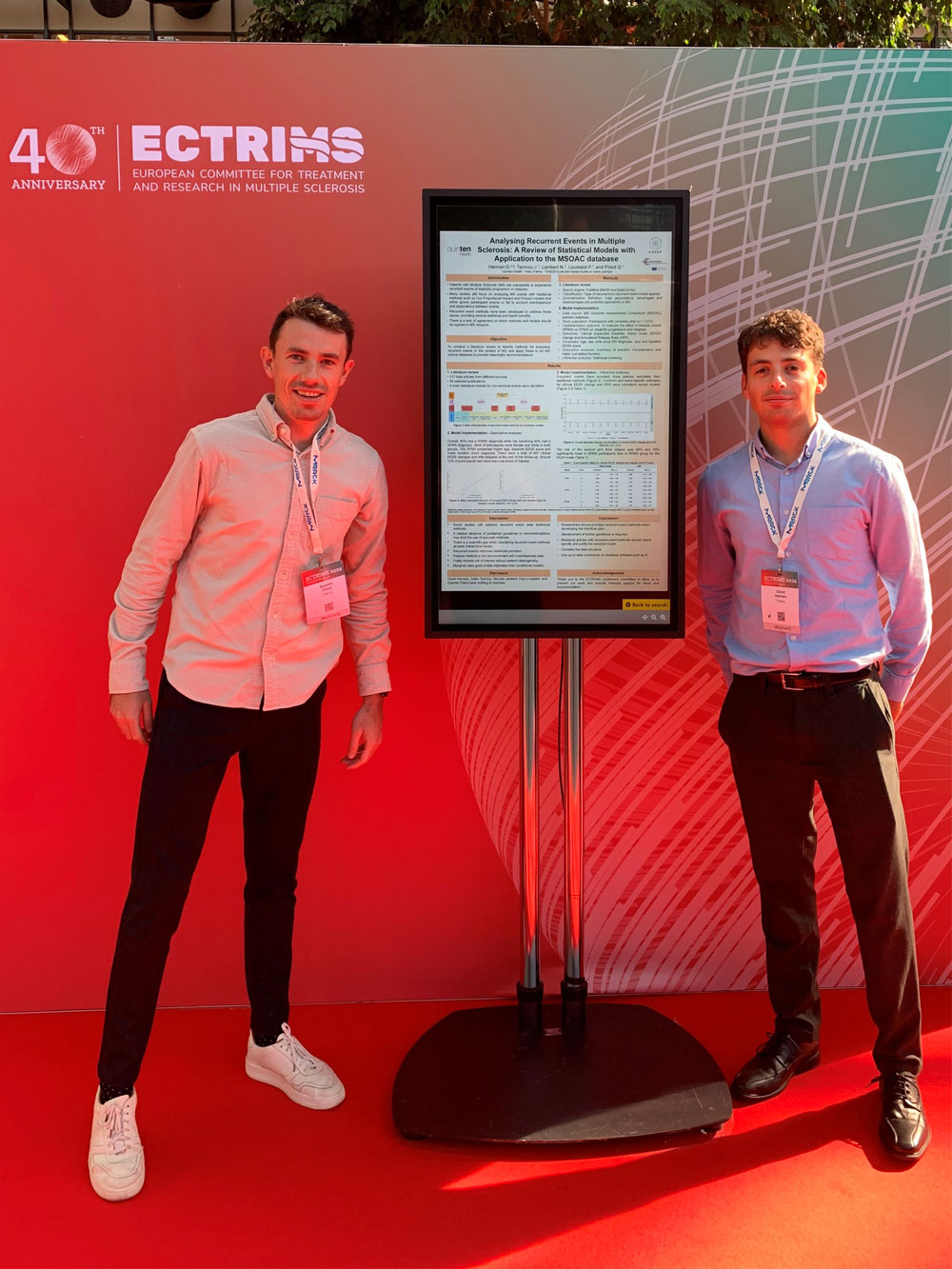 Quentin Pilard (Senior Biostatistician) and David Herman (Biostatisticien) are presenting our poster entitled “Analyzing Recurrent Events in Multiple Sclerosis: A Review of Statistical Models with Application to MSOAC Trial” at ECTRIMS 2024 (European Committee for Treatment and Research in Multiple Sclerosis).